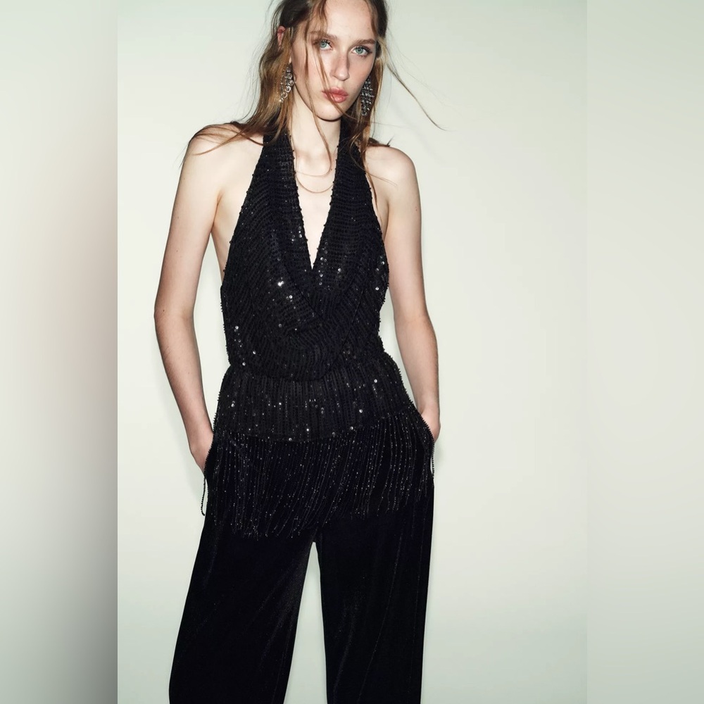 SOLD ZARA SEQUIN FRINGE HALTER TOP